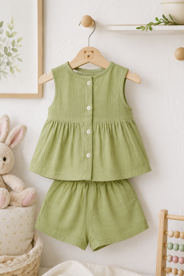Lime Green Baby Girl Sleeveless Top and Shorts Set | Premium Crinkled Double Layered Muslin