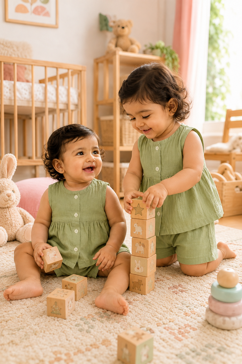 Lime Green Baby Girl Sleeveless Top and Shorts Set | Premium Crinkled Double Layered Muslin