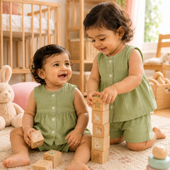 Lime Green Baby Girl Sleeveless Top and Shorts Set | Premium Crinkled Double Layered Muslin