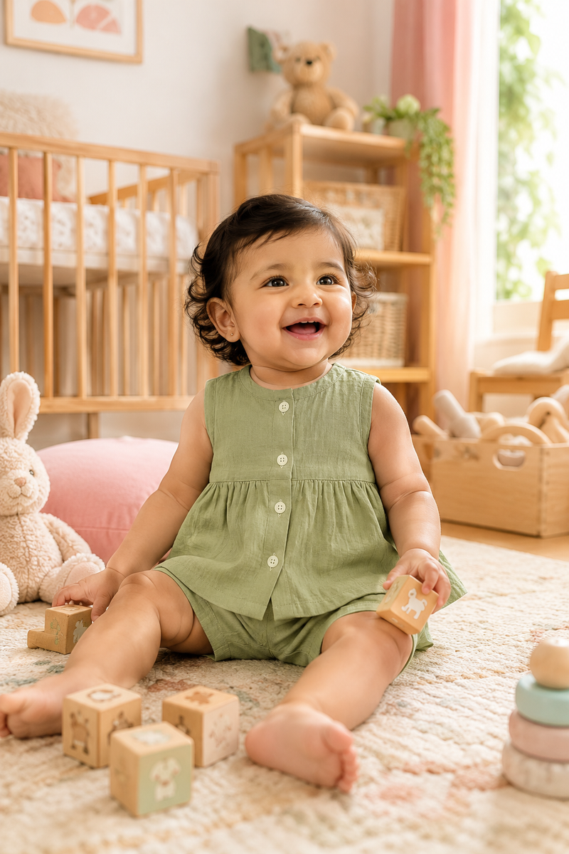 Lime Green Baby Girl Sleeveless Top and Shorts Set | Premium Crinkled Double Layered Muslin