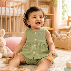 Lime Green Baby Girl Sleeveless Top and Shorts Set | Premium Crinkled Double Layered Muslin