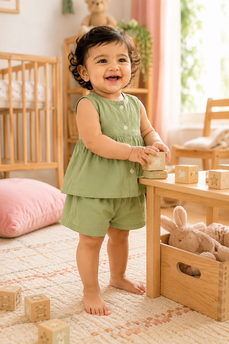 Lime Green Baby Girl Sleeveless Top and Shorts Set | Premium Crinkled Double Layered Muslin