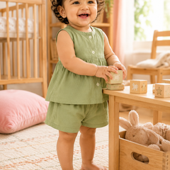 Lime Green Baby Girl Sleeveless Top and Shorts Set | Premium Crinkled Double Layered Muslin