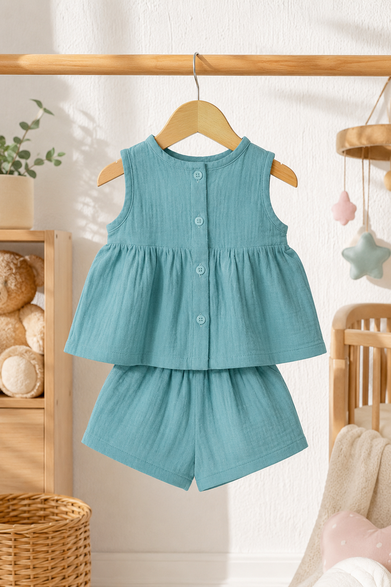 Aqua Blue Baby Girl Sleeveless Top and Shorts Set | Premium Crinkled Double Layered Muslin