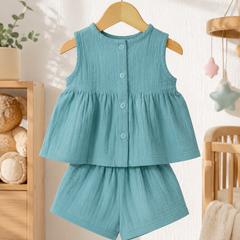 Aqua Blue Baby Girl Sleeveless Top and Shorts Set | Premium Crinkled Double Layered Muslin