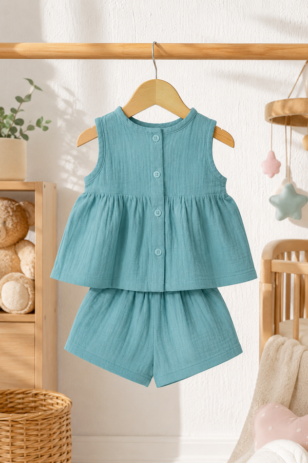 Aqua Blue Baby Girl Sleeveless Top and Shorts Set | Premium Crinkled Double Layered Muslin