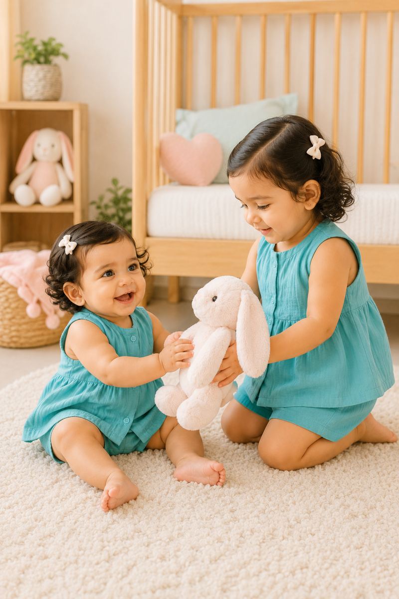 Aqua Blue Baby Girl Sleeveless Top and Shorts Set | Premium Crinkled Double Layered Muslin