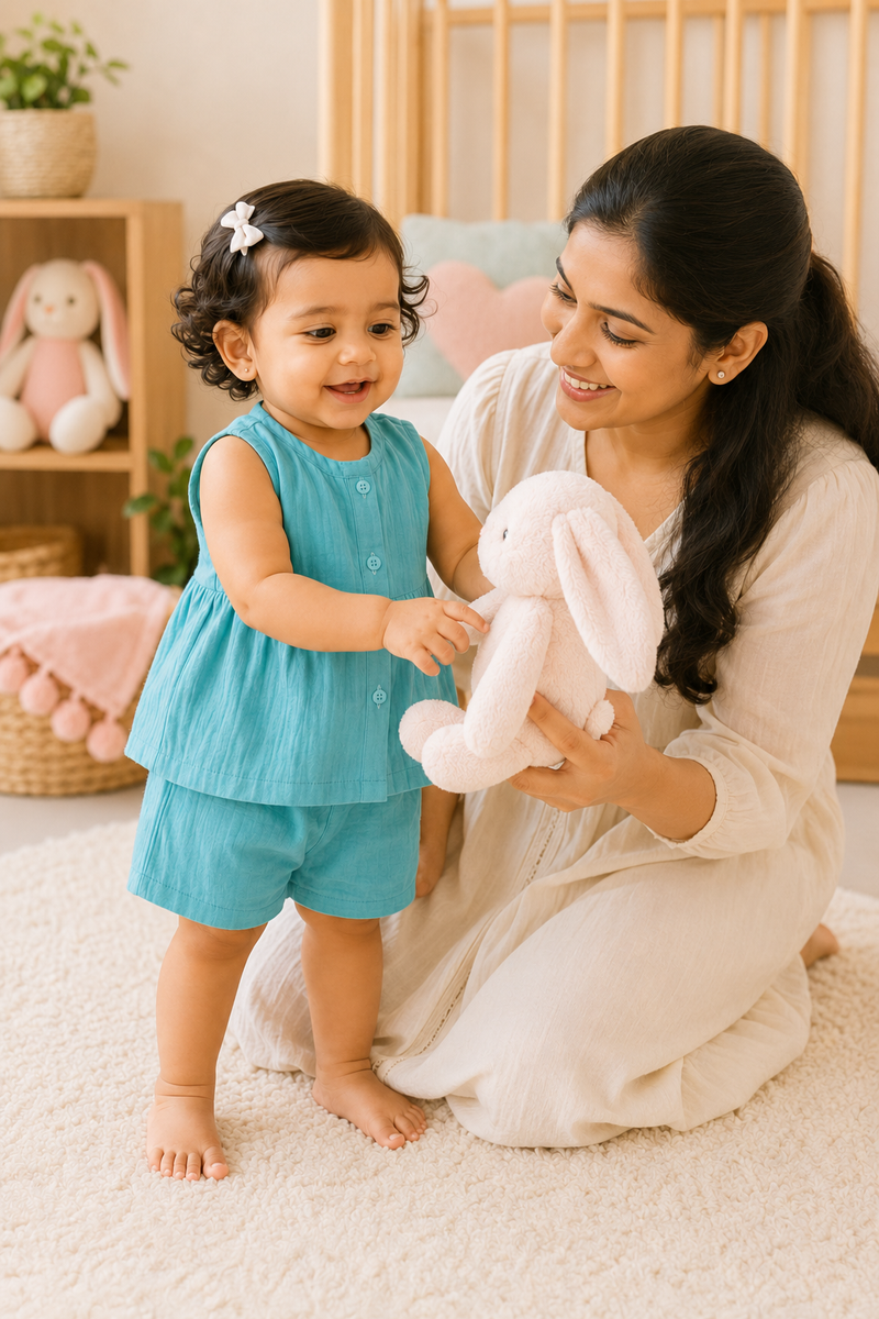 Aqua Blue Baby Girl Sleeveless Top and Shorts Set | Premium Crinkled Double Layered Muslin