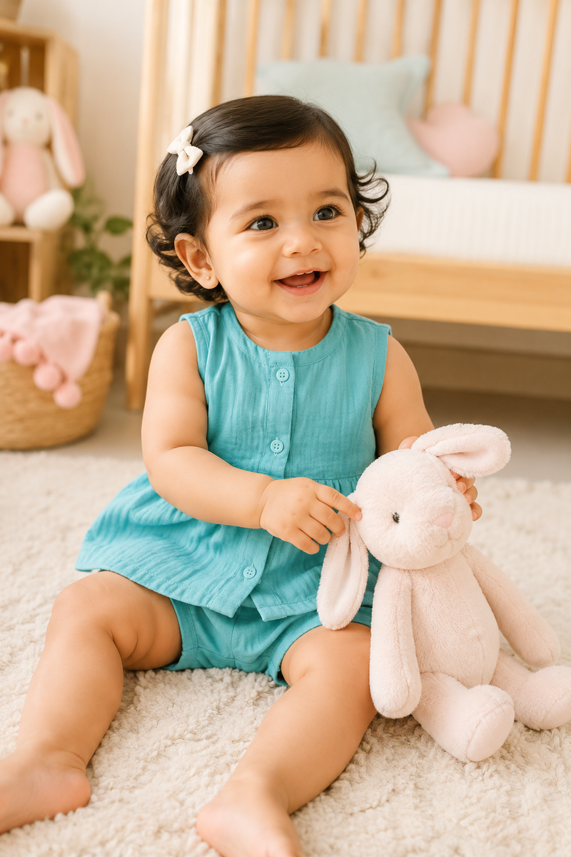 Aqua Blue Baby Girl Sleeveless Top and Shorts Set | Premium Crinkled Double Layered Muslin
