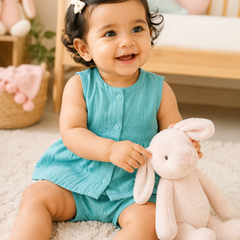 Aqua Blue Baby Girl Sleeveless Top and Shorts Set | Premium Crinkled Double Layered Muslin