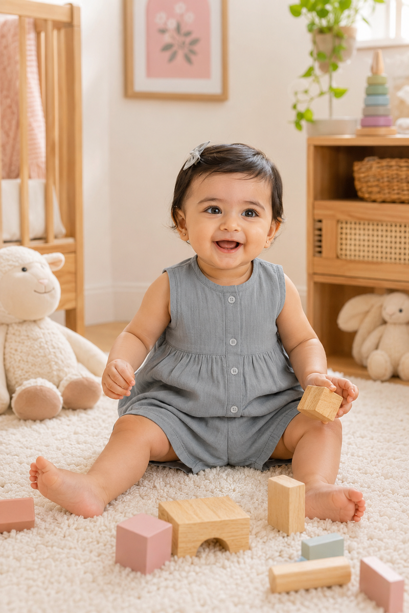 Grey Baby Girl Sleeveless Top and Shorts Set | Premium Crinkled Double Layered Muslin