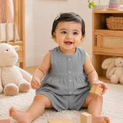 Grey Baby Girl Sleeveless Top and Shorts Set | Premium Crinkled Double Layered Muslin