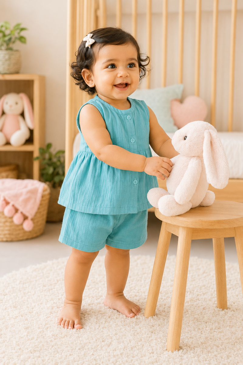 Aqua Blue Baby Girl Sleeveless Top and Shorts Set | Premium Crinkled Double Layered Muslin