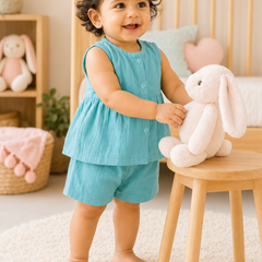 Aqua Blue Baby Girl Sleeveless Top and Shorts Set | Premium Crinkled Double Layered Muslin