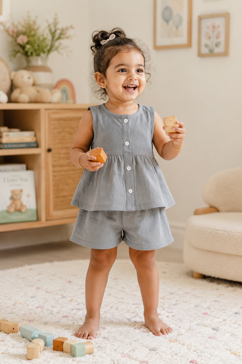 Grey Baby Girl Sleeveless Top and Shorts Set | Premium Crinkled Double Layered Muslin