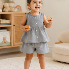 Grey Baby Girl Sleeveless Top and Shorts Set | Premium Crinkled Double Layered Muslin