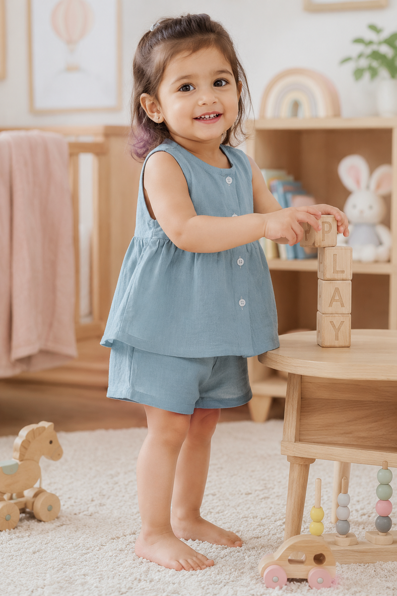 Teal Baby Girl Sleeveless Top and Shorts Set | Premium Crinkled Double Layered Muslin
