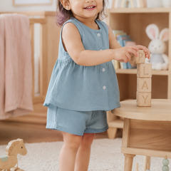 Teal Baby Girl Sleeveless Top and Shorts Set | Premium Crinkled Double Layered Muslin