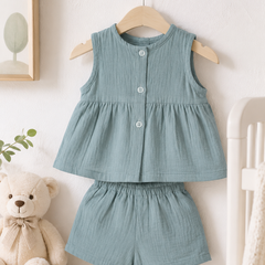 Teal Baby Girl Sleeveless Top and Shorts Set | Premium Crinkled Double Layered Muslin
