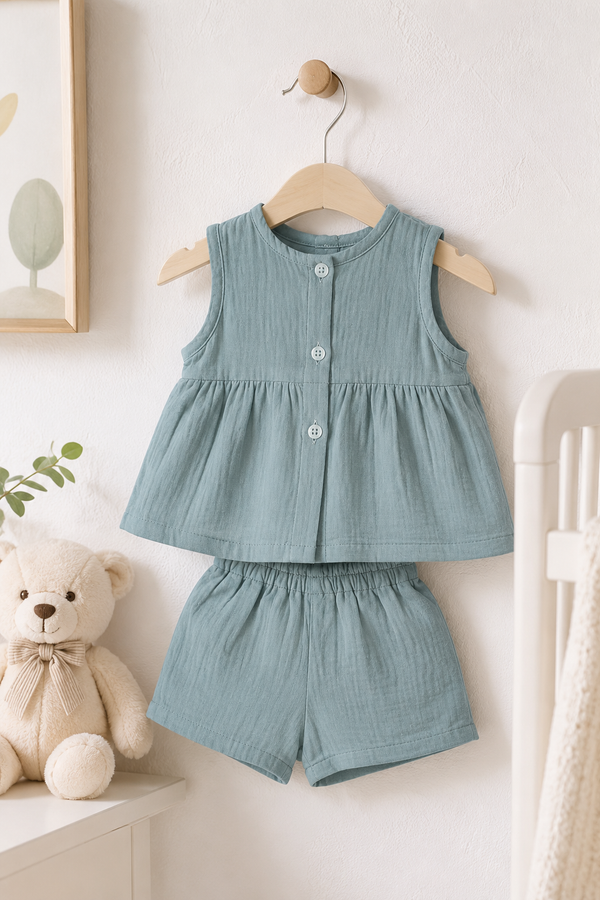 Teal Baby Girl Sleeveless Top and Shorts Set | Premium Crinkled Double Layered Muslin