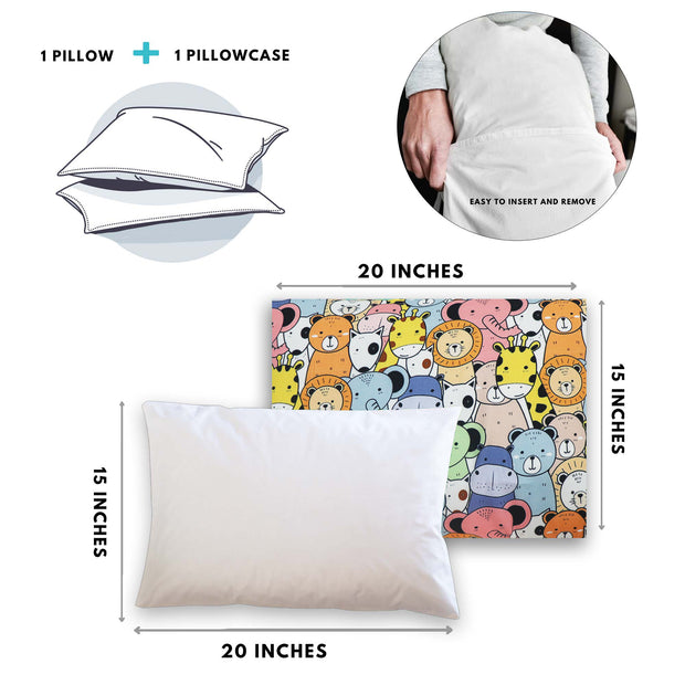 Happy Zoo - Toddler Pillow with 100% Cotton Removable cover - 20 X 15 Inches | Children Pillows