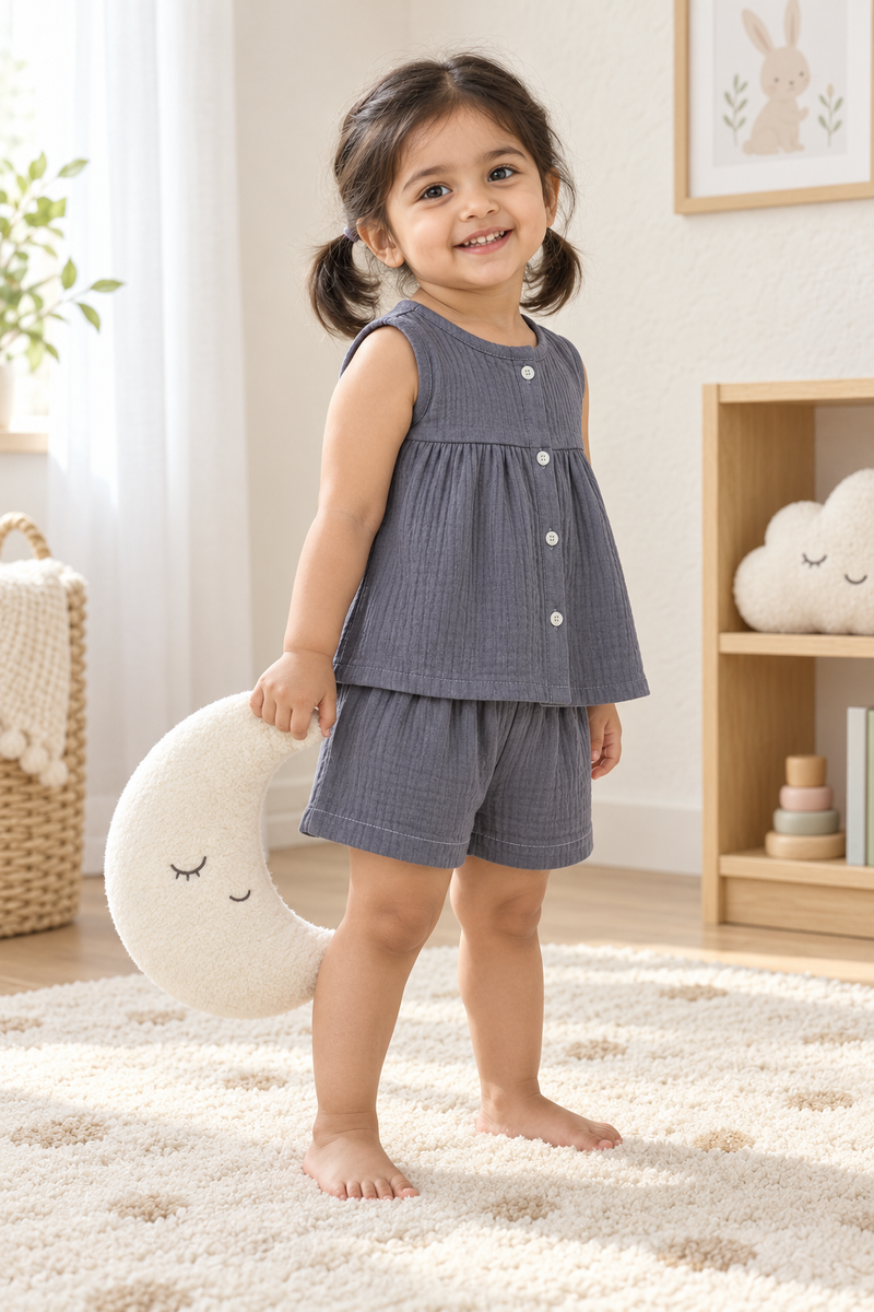 Dark Grey Baby Girl Sleeveless Top and Shorts Set | Premium Crinkled Double Layered Muslin