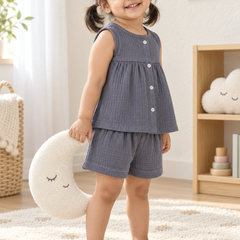 Dark Grey Baby Girl Sleeveless Top and Shorts Set | Premium Crinkled Double Layered Muslin