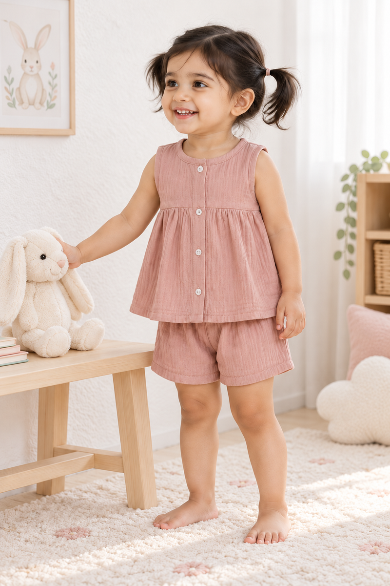 Pink Baby Girl Sleeveless Top and Shorts Set | Premium Crinkled Double Layered Muslin