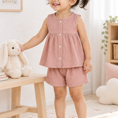 Pink Baby Girl Sleeveless Top and Shorts Set | Premium Crinkled Double Layered Muslin