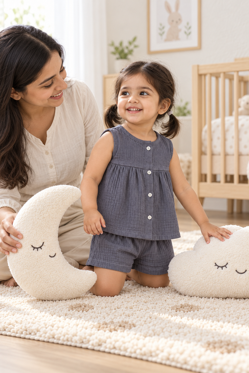 Dark Grey Baby Girl Sleeveless Top and Shorts Set | Premium Crinkled Double Layered Muslin