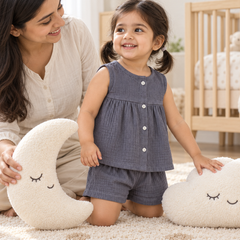 Dark Grey Baby Girl Sleeveless Top and Shorts Set | Premium Crinkled Double Layered Muslin