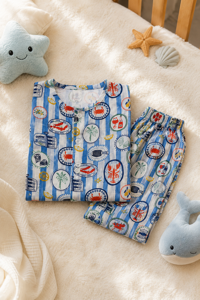 Under Sea |Half Sleeves| Checkered Muslin| Soft Unisex Muslin Set for New Born to 6 Years