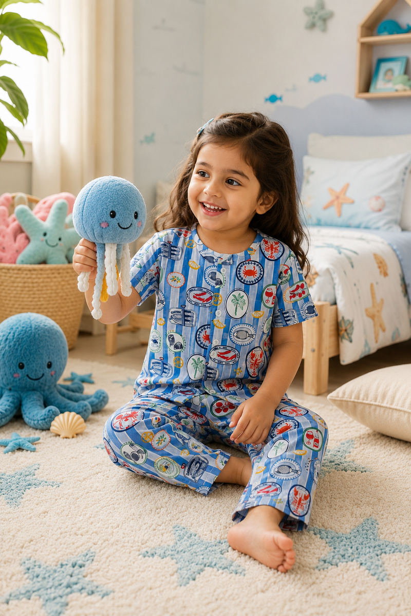 Under Sea |Half Sleeves| Checkered Muslin| Soft Unisex Muslin Set for New Born to 6 Years