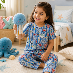 Under Sea |Half Sleeves| Checkered Muslin| Soft Unisex Muslin Set for New Born to 6 Years