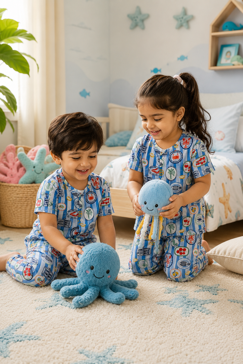 Under Sea |Half Sleeves| Checkered Muslin| Soft Unisex Muslin Set for New Born to 6 Years