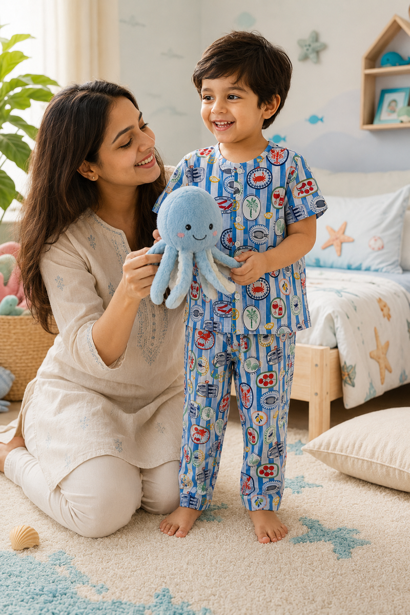 Under Sea |Half Sleeves| Checkered Muslin| Soft Unisex Muslin Set for New Born to 6 Years