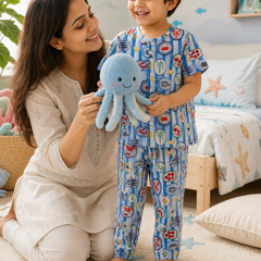 Under Sea |Half Sleeves| Checkered Muslin| Soft Unisex Muslin Set for New Born to 6 Years