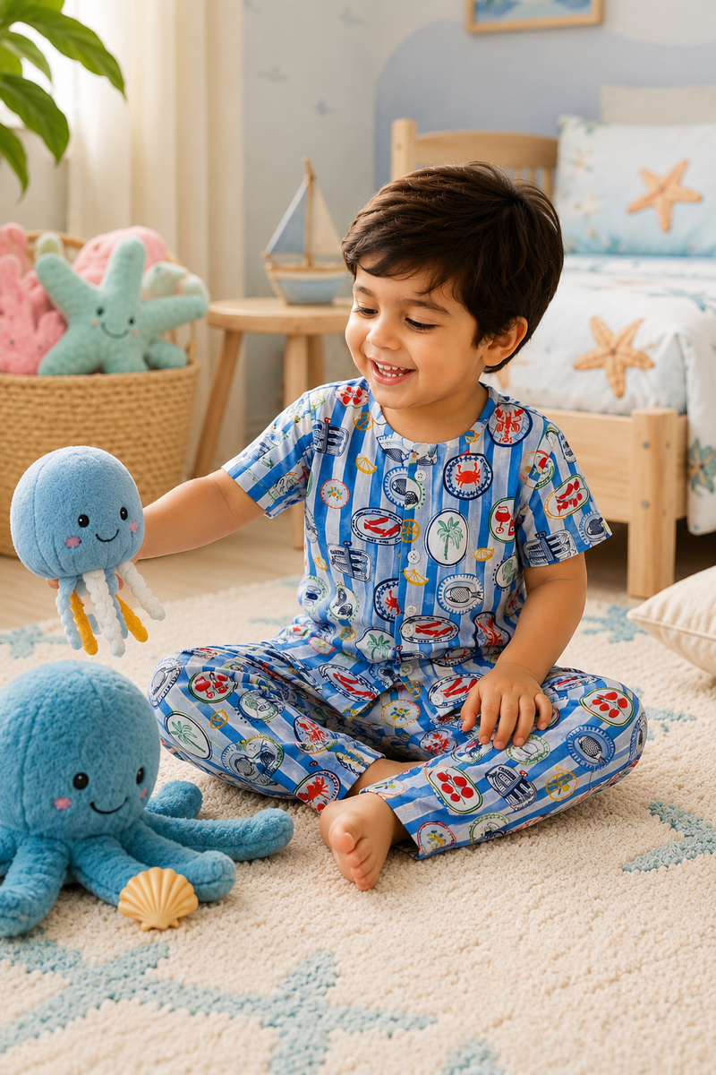 Under Sea |Half Sleeves| Checkered Muslin| Soft Unisex Muslin Set for New Born to 6 Years