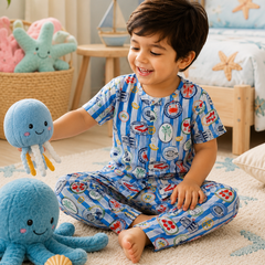 Under Sea |Half Sleeves| Checkered Muslin| Soft Unisex Muslin Set for New Born to 6 Years