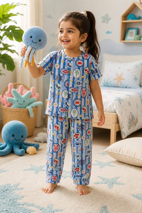 Under Sea |Half Sleeves| Checkered Muslin| Soft Unisex Muslin Set for New Born to 6 Years