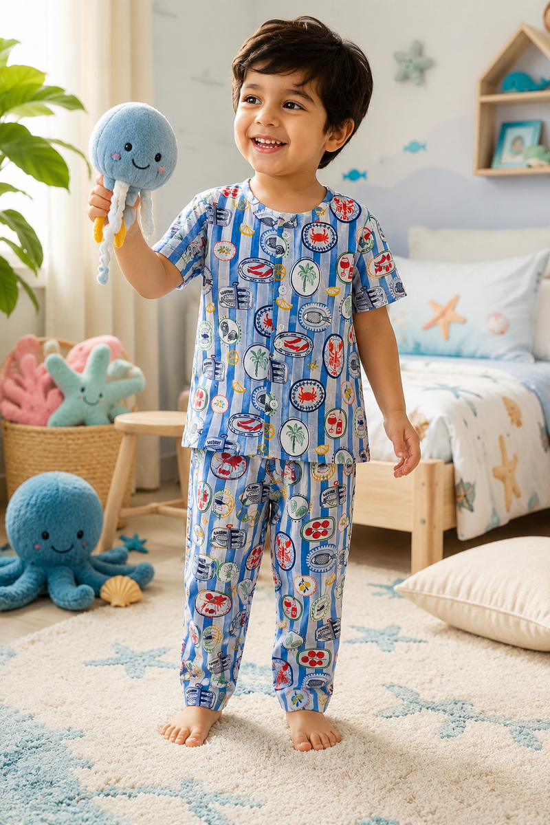 Under Sea |Half Sleeves| Checkered Muslin| Soft Unisex Muslin Set for New Born to 6 Years