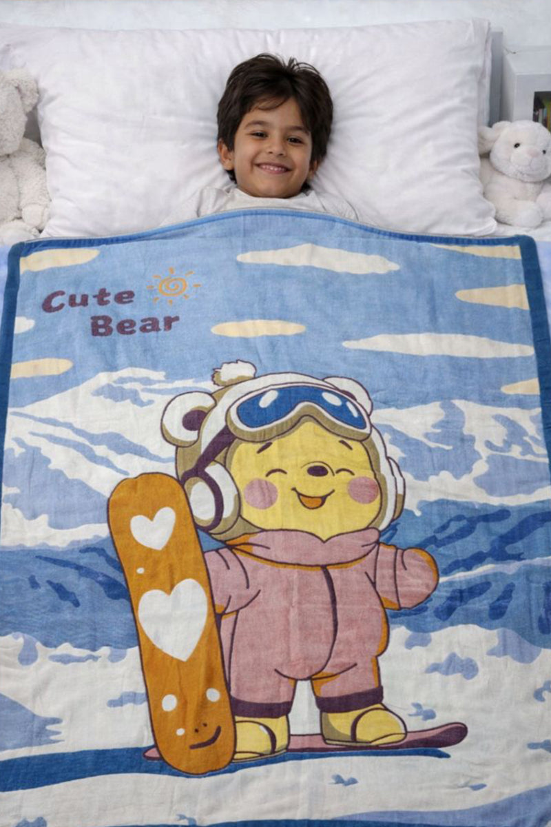 Lightweight Soft Plush Velvet Fleece 2 way Printed Blanket for 1 -7 Year Olds - Surf Bear