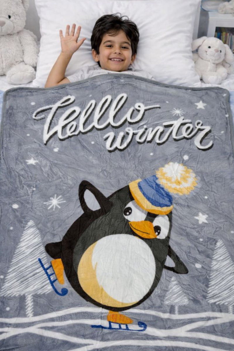 Lightweight Soft Plush Velvet Fleece 2 way Printed Blanket for 1 -7 Year Olds - Hello Winter