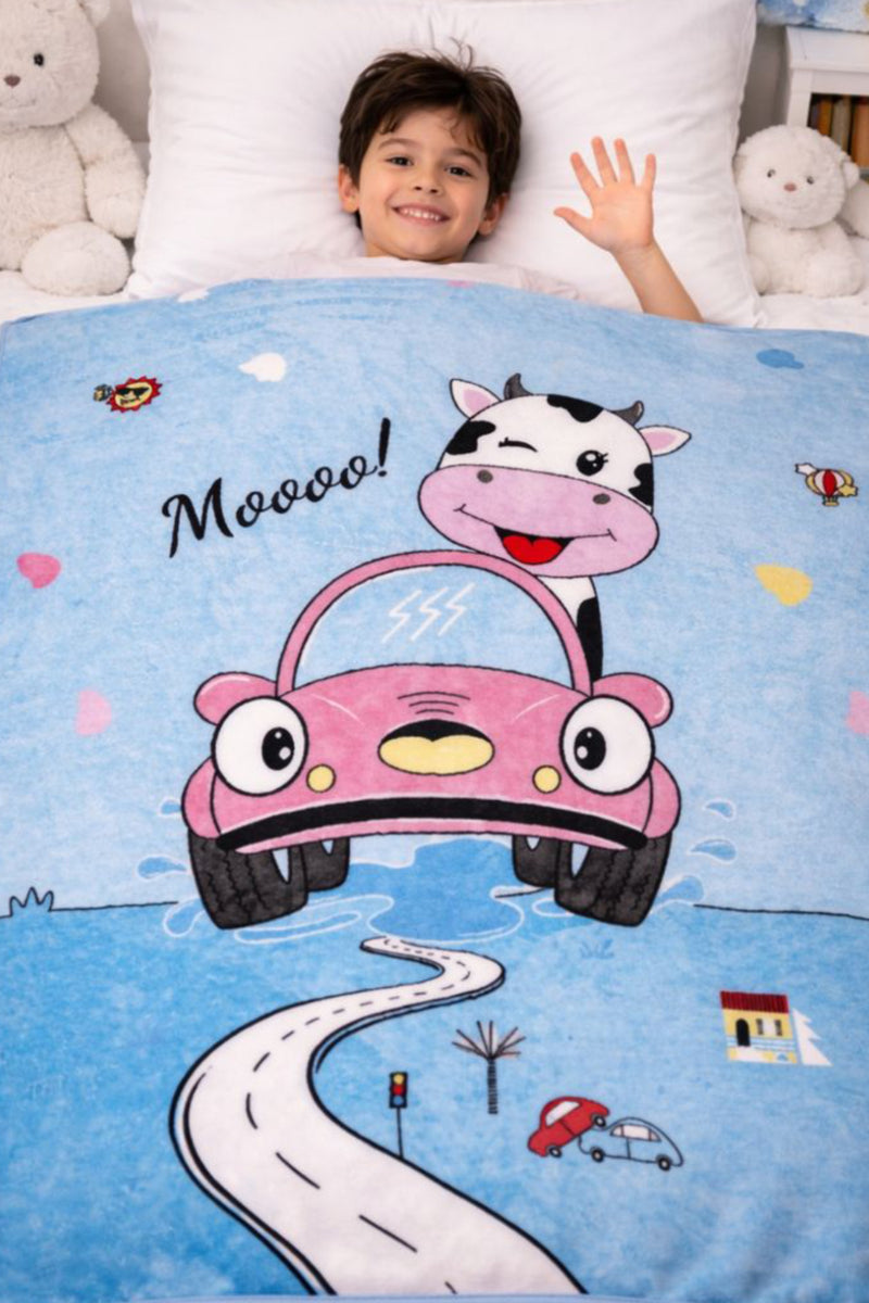 Lightweight Soft Plush Velvet Fleece 2 way Printed Blanket for 1 -7 Year Olds - Moo