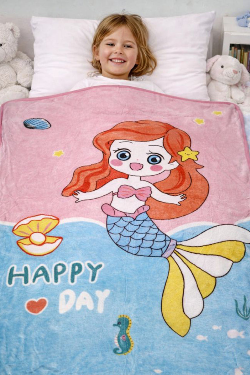 Lightweight Soft Plush Velvet Fleece 2 way Printed Blanket for 1 -7 Year Olds - Mermaid Happy Day