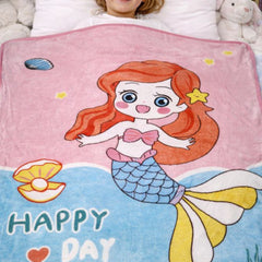 Lightweight Soft Plush Velvet Fleece 2 way Printed Blanket for 1 -7 Year Olds - Mermaid Happy Day