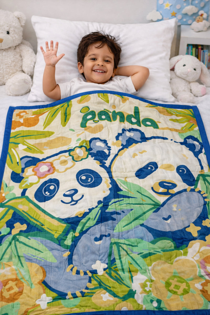 Lightweight Soft Plush Velvet Fleece 2 way Printed Blanket for 1 -7 Year Olds - 2 Pandas