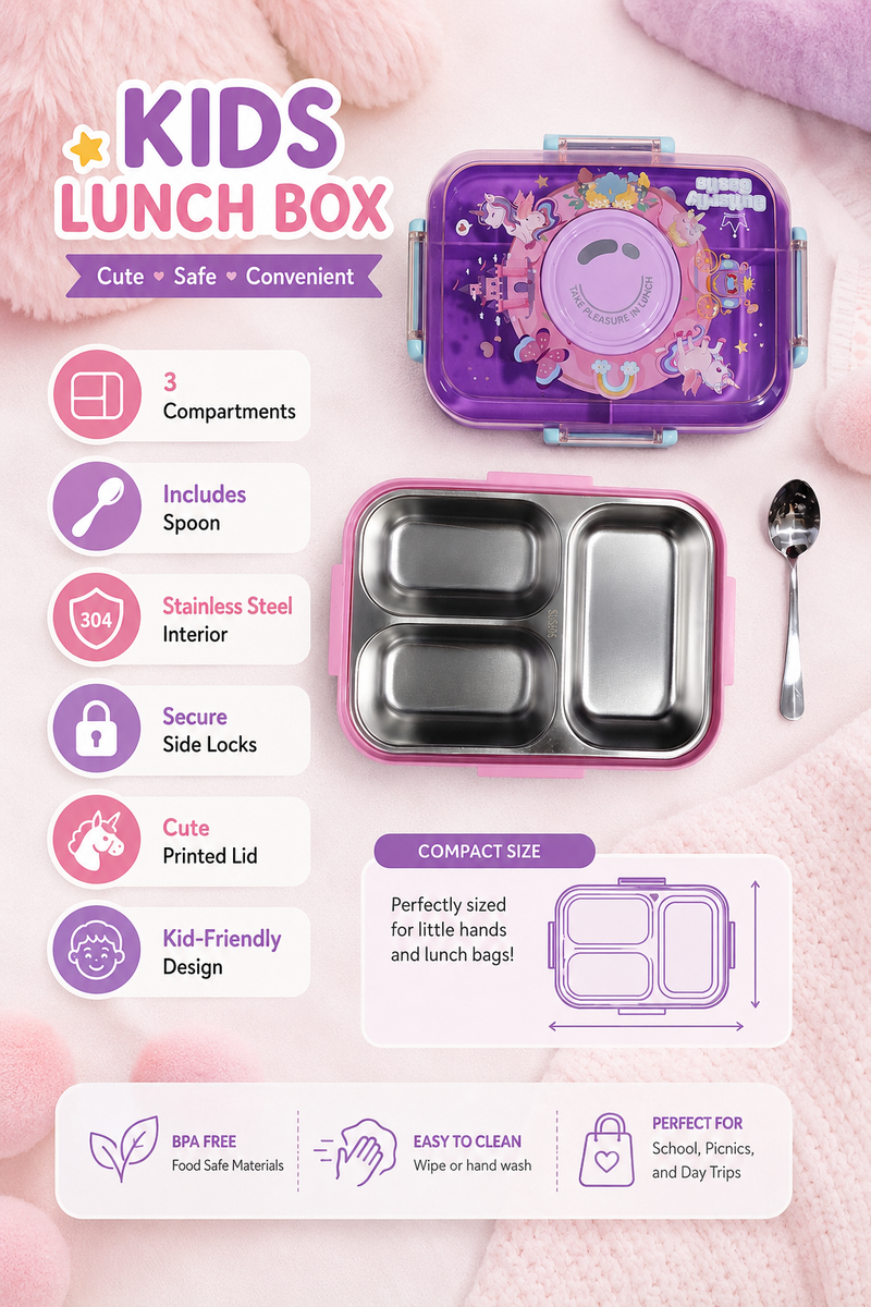 Purple - 3 Compartment Stainless Steel Lunch Box for Kids with Spoon and Handle