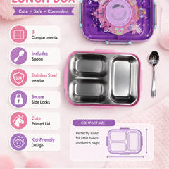 Purple - 3 Compartment Stainless Steel Lunch Box for Kids with Spoon and Handle
