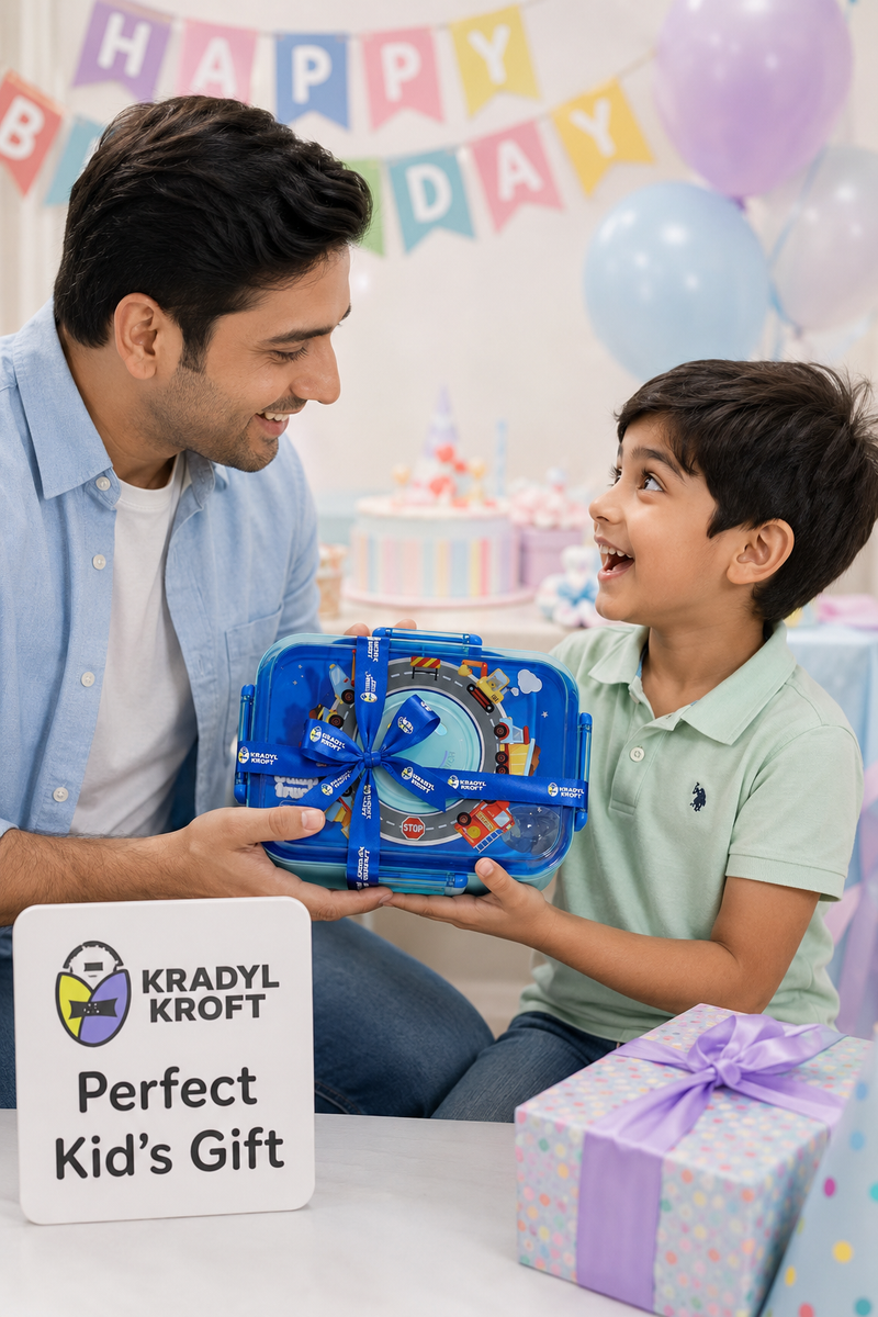 Blue - 3 Compartment Stainless Steel Lunch Box for Kids with Spoon and Handle
